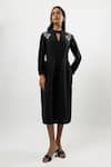 Buy_Linera_Black Linen Embroidery Keyhole , V-, High Midi Dress _Online_at_Aza_Fashions