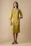 Buy_Linera_Yellow Linen Embroidery V-neck Dress _at_Aza_Fashions