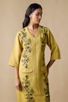 Shop_Linera_Yellow Linen Embroidery V-neck Dress _Online_at_Aza_Fashions