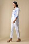 Linera_White Linen Embroidery Collared, V-neck Floral Shirt And Trouser Set _Online_at_Aza_Fashions