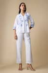 Shop_Linera_White Linen Embroidery Collared, V-neck Floral Shirt And Trouser Set _Online_at_Aza_Fashions