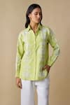 Linera_Green Linen Embroidery Collared Turkish Shirt And Pant Set _Online_at_Aza_Fashions
