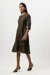 Linera_Olive Green Linen Embroidery Split V-neck Sleeve Belted Midi Dress _Online_at_Aza_Fashions