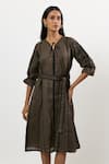 Buy_Linera_Olive Green Linen Embroidery Split V-neck Sleeve Belted Midi Dress _Online_at_Aza_Fashions