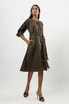 Shop_Linera_Olive Green Linen Embroidery Split V-neck Sleeve Belted Midi Dress _Online_at_Aza_Fashions