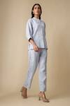 Linera_Blue Linen Embroidery Mandarin Collar, Band Shirt And Trouser Set _Online_at_Aza_Fashions