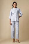 Buy_Linera_Blue Linen Embroidery Mandarin Collar, Band Shirt And Trouser Set _at_Aza_Fashions
