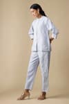 Buy_Linera_Blue Linen Embroidery Mandarin Collar, Band Shirt And Trouser Set _Online_at_Aza_Fashions
