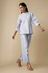 Shop_Linera_Blue Linen Embroidery Mandarin Collar, Band Shirt And Trouser Set _Online_at_Aza_Fashions