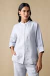 Buy_Linera_Blue Linen Embroidery Mandarin Collar, Band Shirt And Trouser Set 