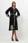 Linera_Black Linen Embroidery, Tassels V-neck Turkish Midi Dress _Online_at_Aza_Fashions