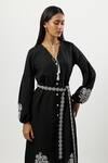 Linera_Black Linen Embroidery, Tassels V-neck Turkish Midi Dress _at_Aza_Fashions
