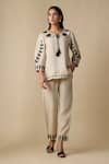 Buy_Linera_Beige Linen Embroidery Collared Long Top With Pant _at_Aza_Fashions