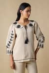 Shop_Linera_Beige Linen Embroidery Collared Long Top With Pant _Online_at_Aza_Fashions