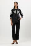 Buy_Linera_Black Linen, Cotton Embroidery, Piping Mandarin Collar Blend Shirt And Pant Set _at_Aza_Fashions