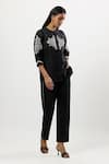 Linera_Black Linen, Cotton Embroidery, Piping Mandarin Collar Blend Shirt And Pant Set _Online_at_Aza_Fashions