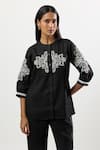 Shop_Linera_Black Linen, Cotton Embroidery, Piping Mandarin Collar Blend Shirt And Pant Set _Online_at_Aza_Fashions