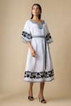 Linera_White Linen Embroidery Split V-neck Midi Dress _Online_at_Aza_Fashions