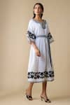 Buy_Linera_White Linen Embroidery Split V-neck Midi Dress _Online_at_Aza_Fashions