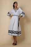 Buy_Linera_White Linen Embroidery Split V-neck Midi Dress _at_Aza_Fashions