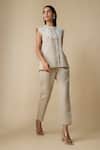 Buy_Linera_Beige Linen Embroidery Mandarin Collar Waistcoat And Pant Set _Online_at_Aza_Fashions