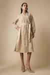 Buy_Linera_Beige Linen Embroidery V-neck, Mandarin Collar Midi Dress _at_Aza_Fashions