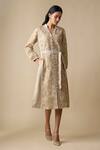Linera_Beige Linen Embroidery V-neck, Mandarin Collar Midi Dress _Online_at_Aza_Fashions