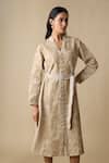 Shop_Linera_Beige Linen Embroidery V-neck, Mandarin Collar Midi Dress _Online_at_Aza_Fashions