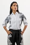 Linera_White Linen Embroidery Collared Shirt And Pant Set _at_Aza_Fashions