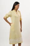 Linera_Yellow Linen, Cotton Embroidery Split V-neck, Mandarin Collar Cording Dress _Online_at_Aza_Fashions