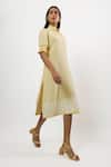 Buy_Linera_Yellow Linen, Cotton Embroidery Split V-neck, Mandarin Collar Cording Dress _Online_at_Aza_Fashions