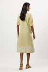Shop_Linera_Yellow Linen, Cotton Embroidery Split V-neck, Mandarin Collar Cording Dress _at_Aza_Fashions
