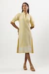 Buy_Linera_Yellow Linen, Cotton Embroidery Split V-neck, Mandarin Collar Cording Dress _at_Aza_Fashions