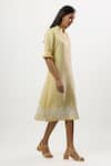 Shop_Linera_Yellow Linen, Cotton Embroidery Split V-neck, Mandarin Collar Cording Dress _Online_at_Aza_Fashions