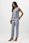 Linera_Blue Linen Embroidery V-neck Waistcoat And Pant Set _Online_at_Aza_Fashions