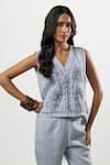 Buy_Linera_Blue Linen Embroidery V-neck Waistcoat And Pant Set _Online_at_Aza_Fashions