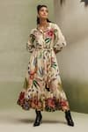 Buy_NOIB_Multi Color Viscose, Linen Collared Celia Wildflower Print Dress With Belt _at_Aza_Fashions