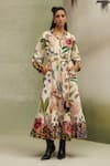 Shop_NOIB_Multi Color Viscose, Linen Collared Celia Wildflower Print Dress With Belt _Online_at_Aza_Fashions