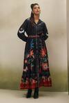 Shop_NOIB_Black Viscose, Linen Tassels Collared Celia Garden Dancers Print Dress With Belt _at_Aza_Fashions