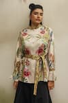 Buy_NOIB_Multi Color Cotton Satin Collared, Vega Wildflower Print Shirt With Belt _at_Aza_Fashions