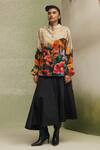 Shop_NOIB_Multi Color Cotton Satin Mandarin Collar Vega Highland Print Shirt With Belt _at_Aza_Fashions