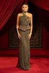 Buy_Sonia Baderia_Brown Chanderi, Tissue Beads, Metallic Thread High Neck Gown _at_Aza_Fashions