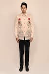 Buy_Aryavir Malhotra_Beige Suede, Rayon Embroidery Hand Work Shirt Jacket And Black Pant Set _Online_at_Aza_Fashions