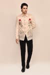 Aryavir Malhotra_Beige Suede, Rayon Embroidery Hand Work Shirt Jacket And Black Pant Set _at_Aza_Fashions
