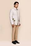 Shop_Aryavir Malhotra_Gray Linen, Silk Embroidery Light Grey Hand Work Jacket And Beige Pant Set _Online_at_Aza_Fashions