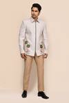 Aryavir Malhotra_Gray Linen, Silk Embroidery Light Grey Hand Work Jacket And Beige Pant Set _at_Aza_Fashions