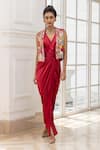 Buy_House Of Armuse_Red Satin, Silk Organza Embroidery, Sequins Draped Dress And Floral Jacket Set _at_Aza_Fashions