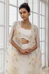 Buy_House Of Armuse_Ivory Organza Bandeau , Open Floral Embroidered Cape Skirt Set _Online_at_Aza_Fashions