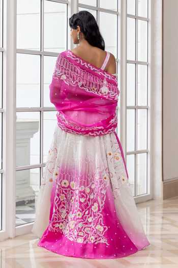 Shop_HOUSE OF ARMUSE_Pink Organza Beads, Sequins, Embroidery, Stones, Metallic Ombre Lehenga Set _at_Aza_Fashions