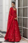 House Of Armuse_Red Satin, Organza Sequins, Beads, Embroidery Square And Embellished Lehenga Set _Online_at_Aza_Fashions